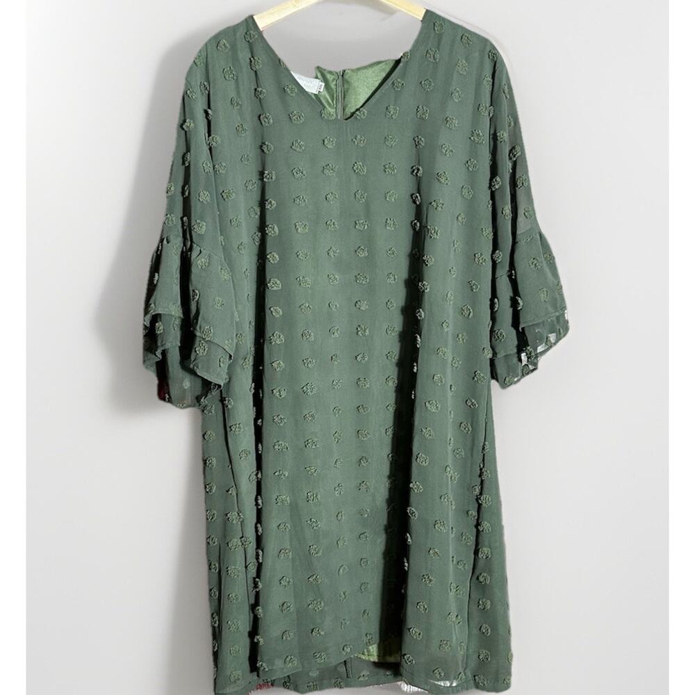 Belongsci Dress XXL Olive Green Chiffon Swiss Dot Ruffle Sleeve Shift